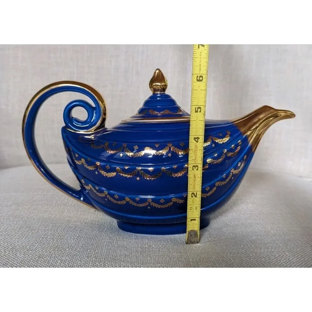 Hall China MCM Marine Blue Aladdin Teapot With Gold Trim and Lid 1950s